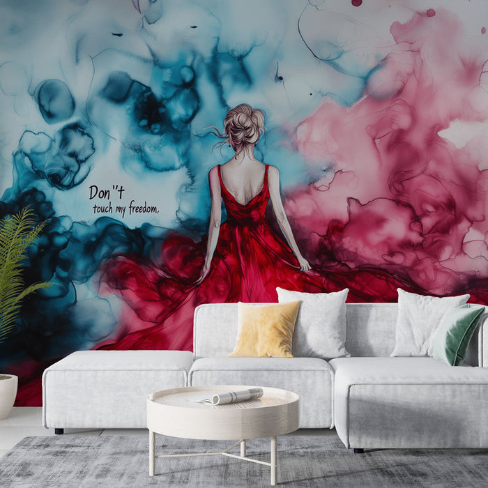 Muraal Tapeet kunstiline vabadus | Naine punases kleidis ja abstraktne taust
