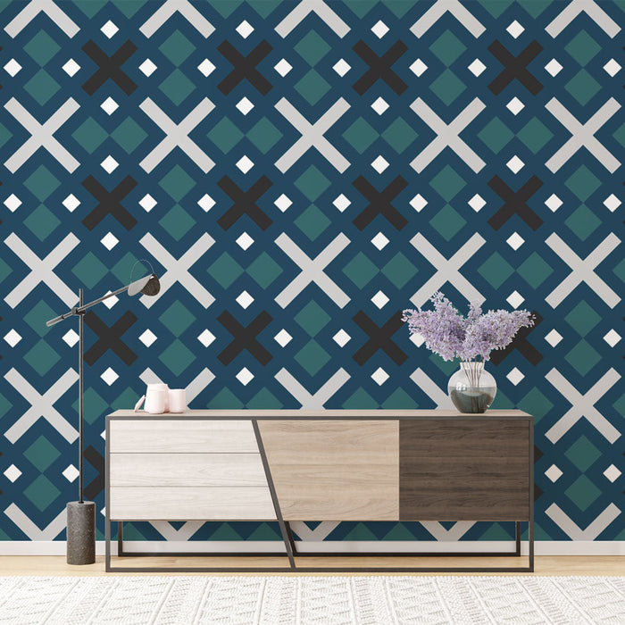 Tapetti geometrinen | Sininen ja musta timanttikuvio