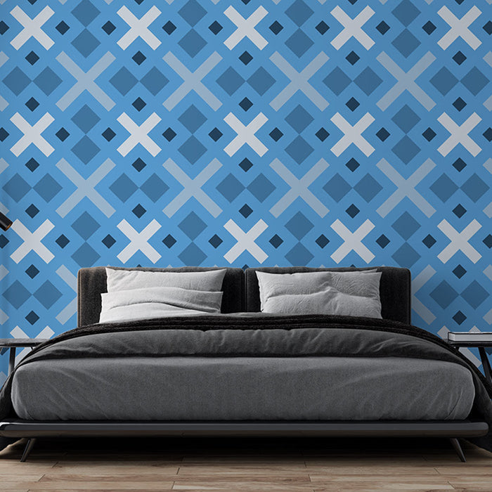Fototapet geometrisk | Blå og hvite kryssede mønstre