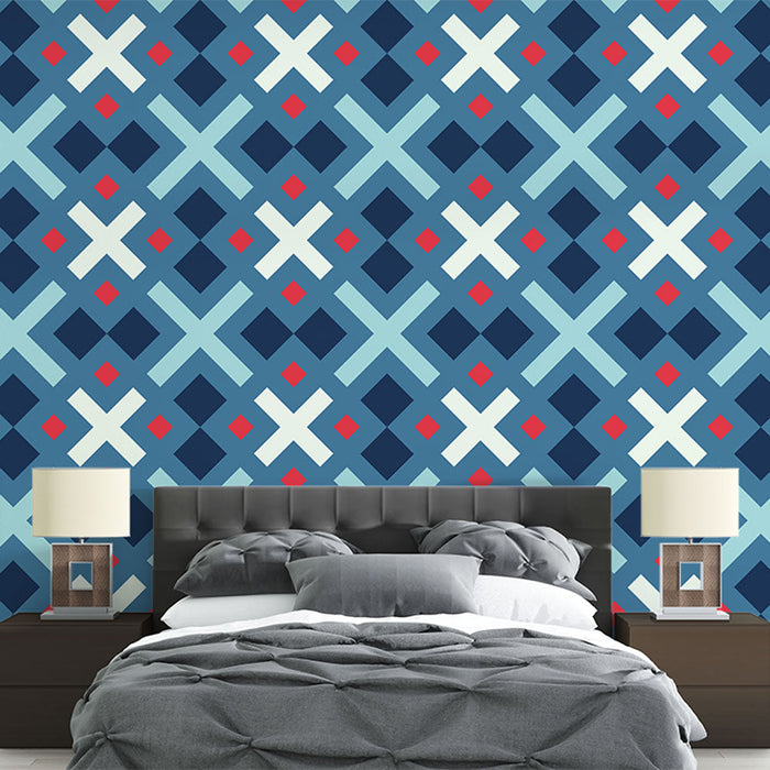 Carta da parati geometrica | Motivo a croce blu e rosso