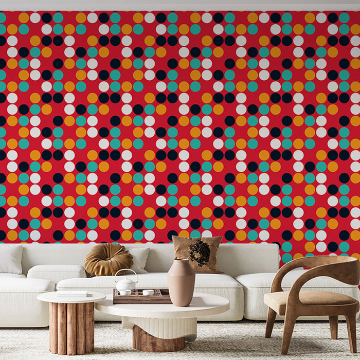 Carta da parati a pois colorati | Motivo geometrico su sfondo rosso
