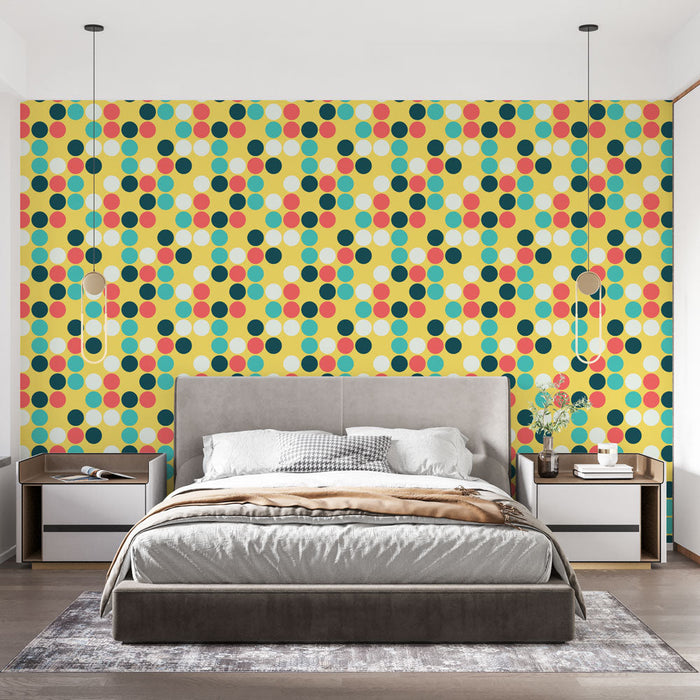 Papel de parede retro-dots | Padrão colorido em fundo amarelo