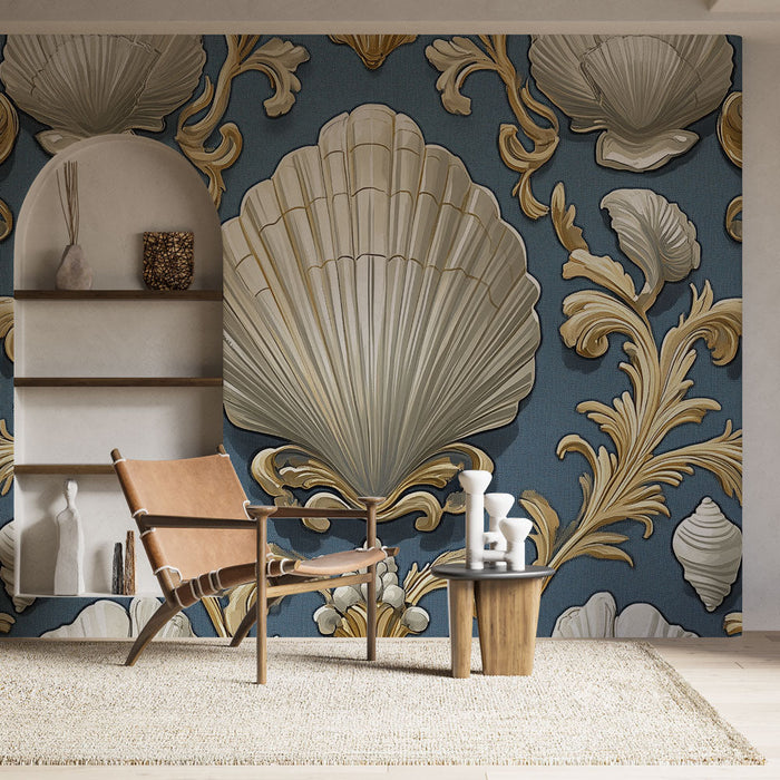 Papel de parede concha do mar | Refinamento com padrões dourados