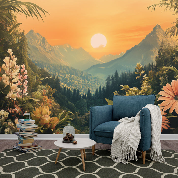 Tapetti maisemakukat | Vuoristo kukkakimppu auringonlaskussa