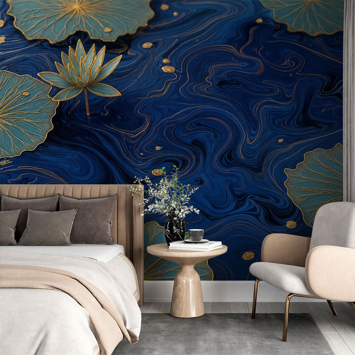 Carta da parati nénuphars | Motivi dorati su sfondo blu