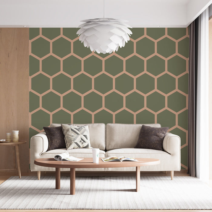Fototapet hexagon | Grönt och beige geometriskt mönster