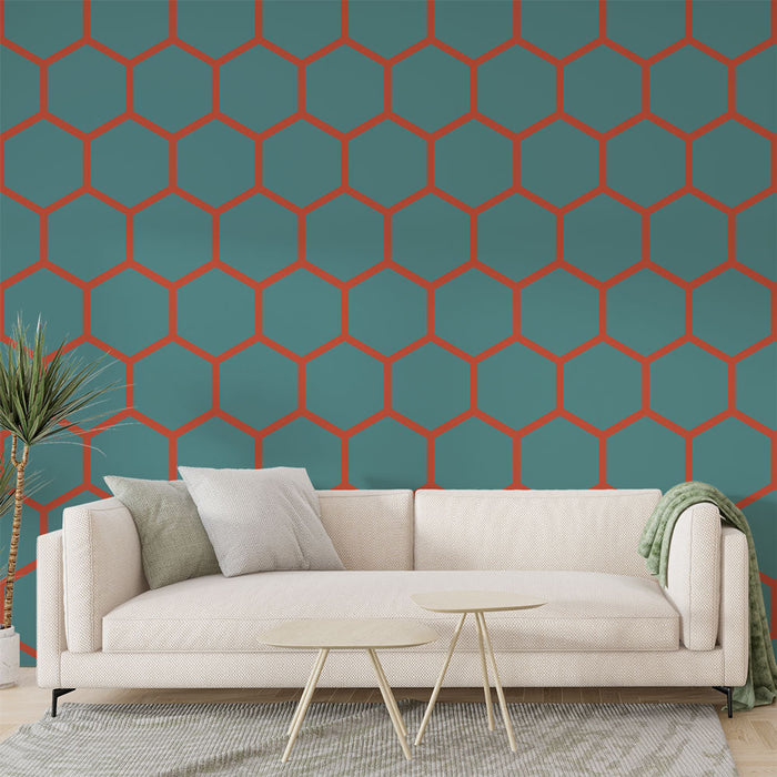 Mural Wallpaper | Blue and Red Hexagonal Pattern