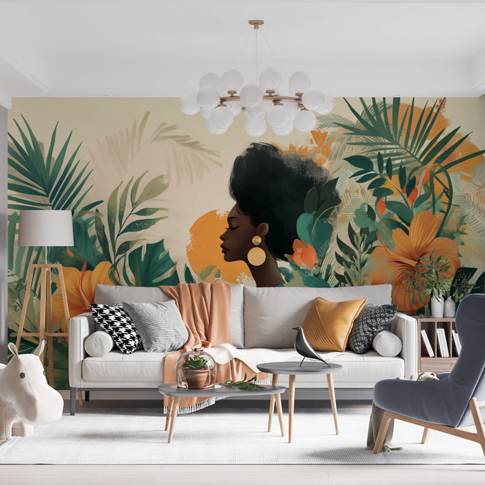 Fototapeet troopiline | Naiselik siluett ja eksootilised lilled