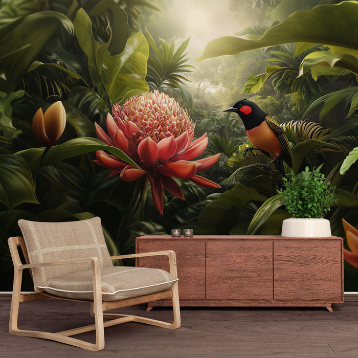 Papel de parede tropical | Pássaro exótico e flores exuberantes