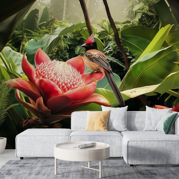 Tapet tropical | Eksotisk fugl og majestetisk blomst