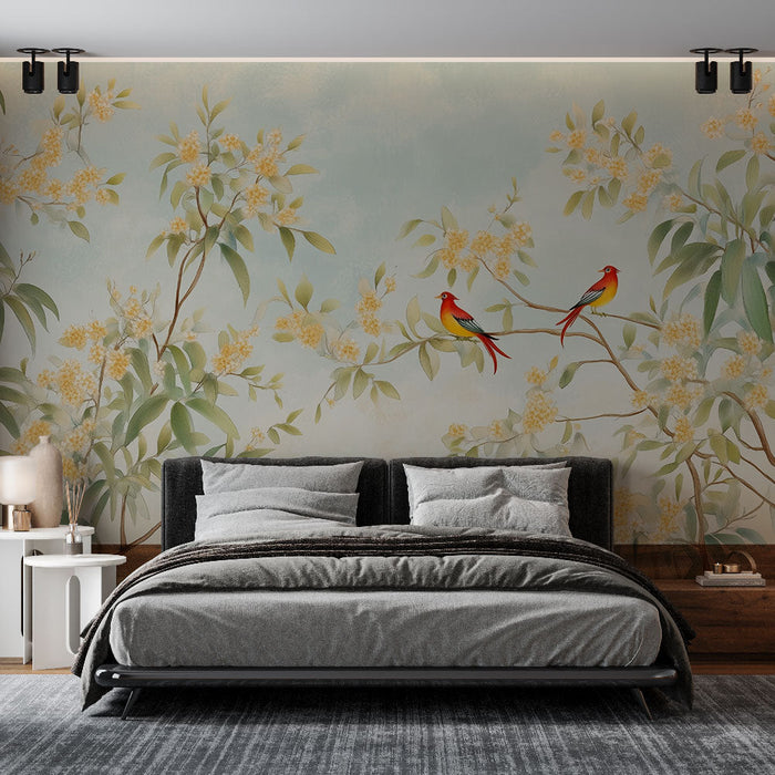 Tapeta ptáci a květiny | Elegantní botanická ilustrace