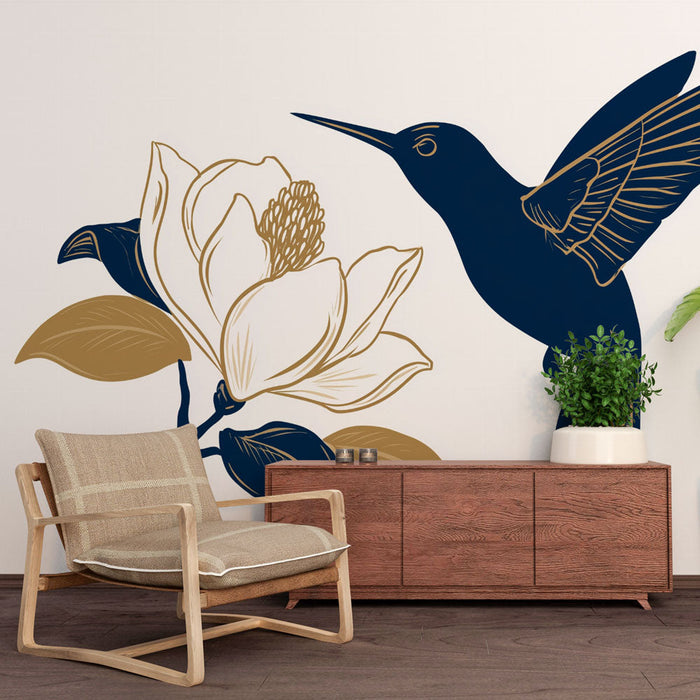 Fototapet colibri | Minimalistisk elegance i blå og guld