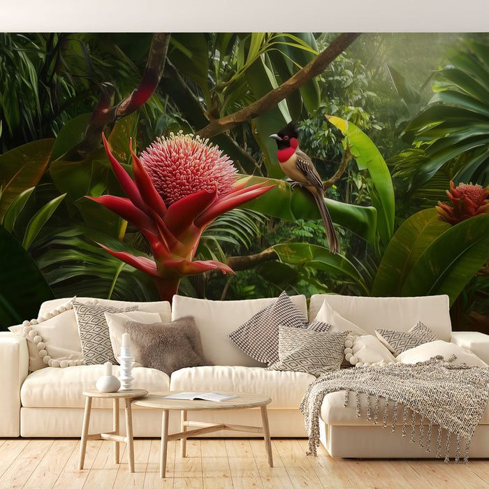 Tapet tropisk | Eksotisk fugl og levende blomst