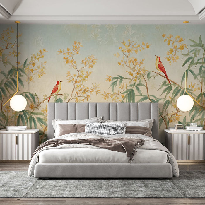 Tapete exotische Vögel | Zartes botanisches Muster