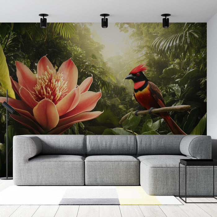 Mural Wallpaper exotic jungle | Tropical flower patterns and colorful bird