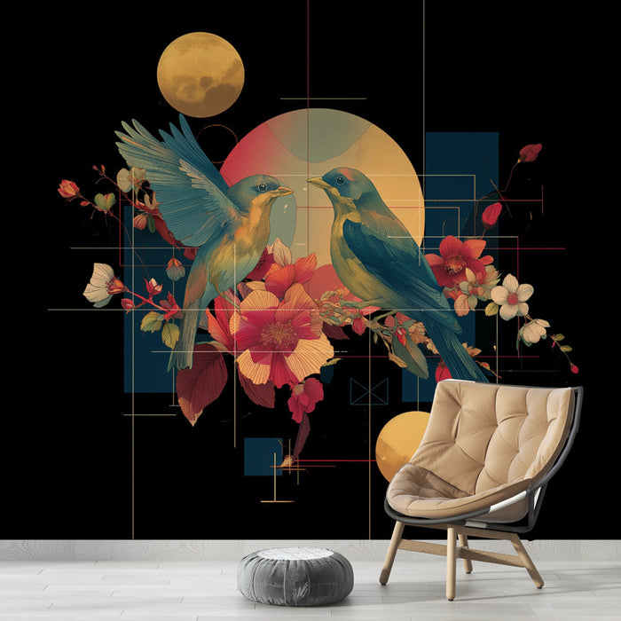 Tapeta s ptáky a květinami | Umělecký a moderní design