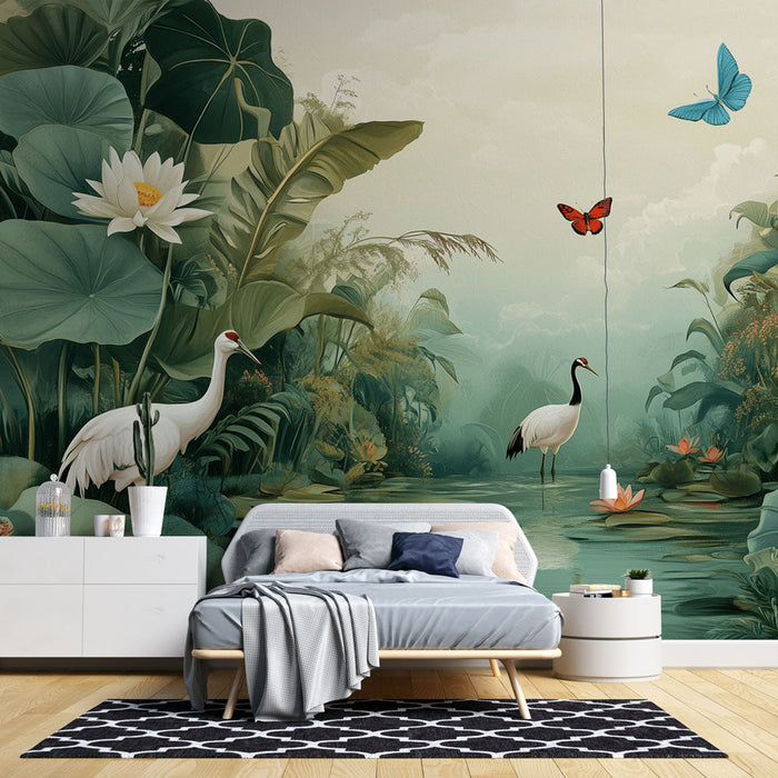 Tapeta zidna tropska narava | Ptice in vodne lilije