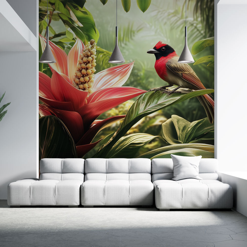 Mural Wallpaper nature | Exotic bird and tropical flowers — WonderMural