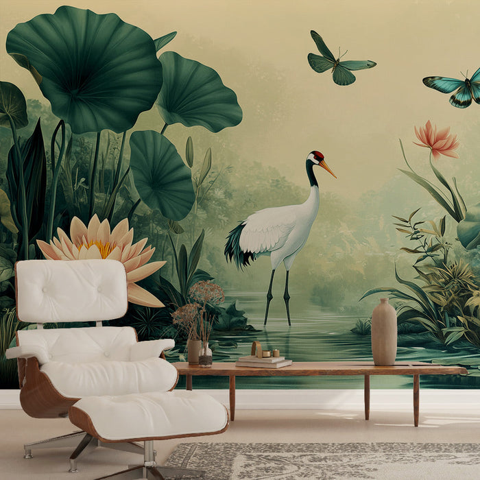 Tapete Natur | Kraniche und Schmetterlinge mit Lotusblumen