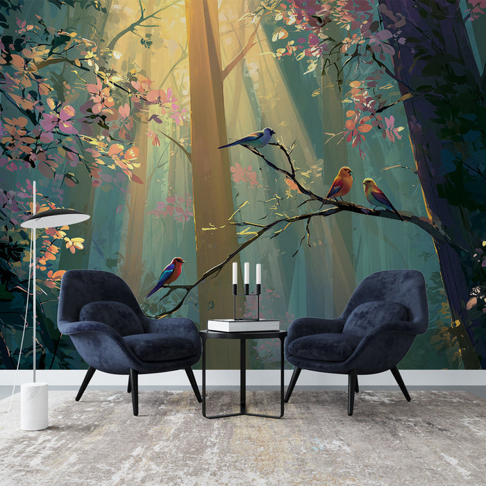 Mural Wallpaper enchanted forest | Light and birds