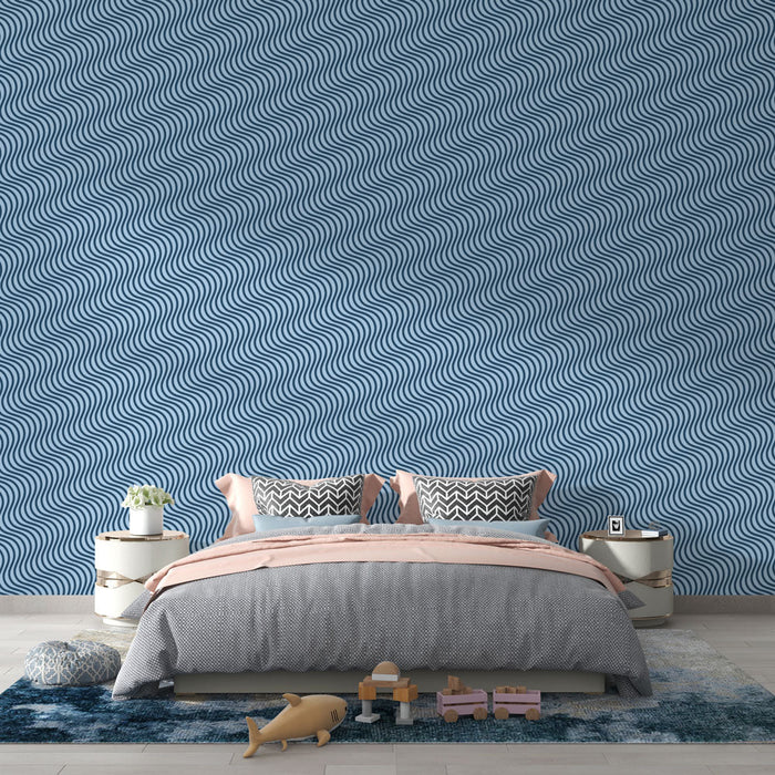 Tapet ondulat | Model geometric albastru și negru