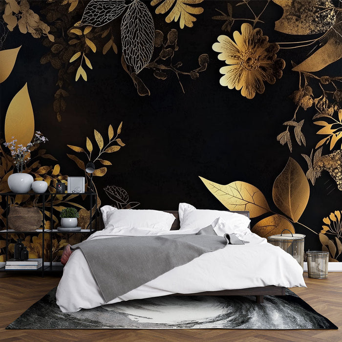Zlatna botanička tapeta | Cvjetna elegancija na crnoj pozadini