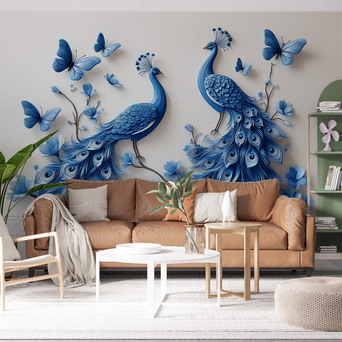 Fototapet påfugl og sommerfugler | Kunstnerisk design i blått