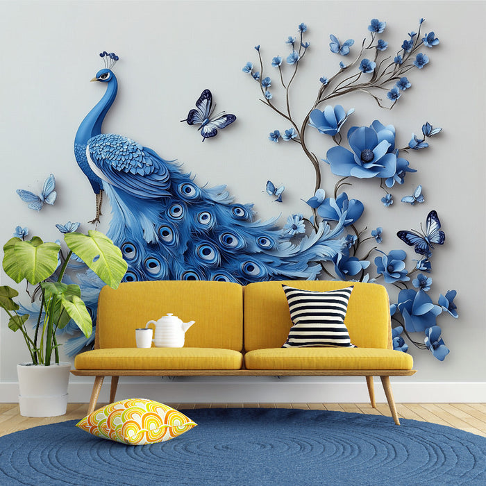Papel de parede pavão | Elegância azul e floral