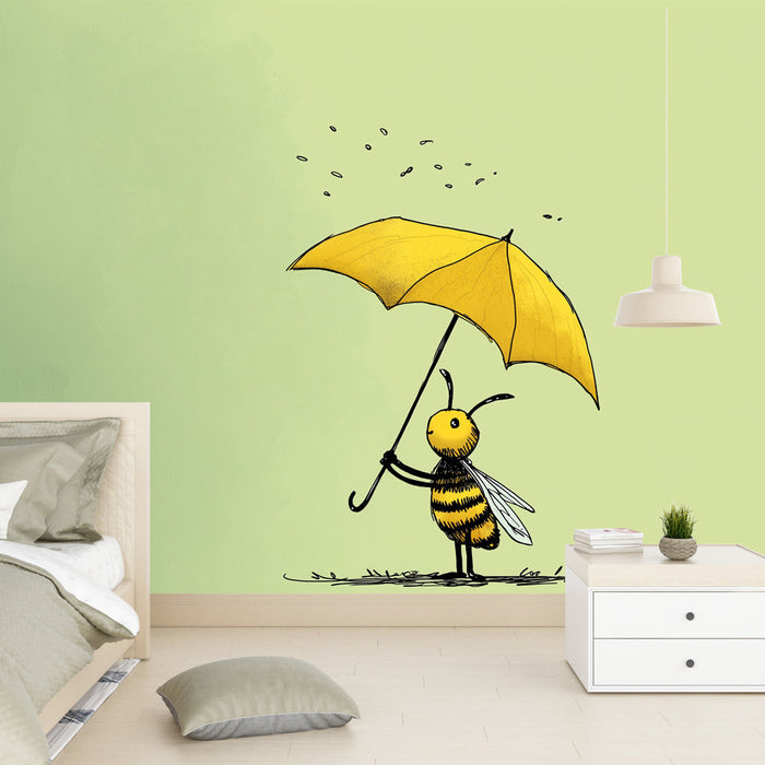 Bee Mural Wallpaper | A charming bee under a yellow umbrella