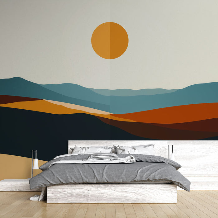 Mural Wallpaper abstrakt landskap | En stilisert solnedgang over fargerike åser