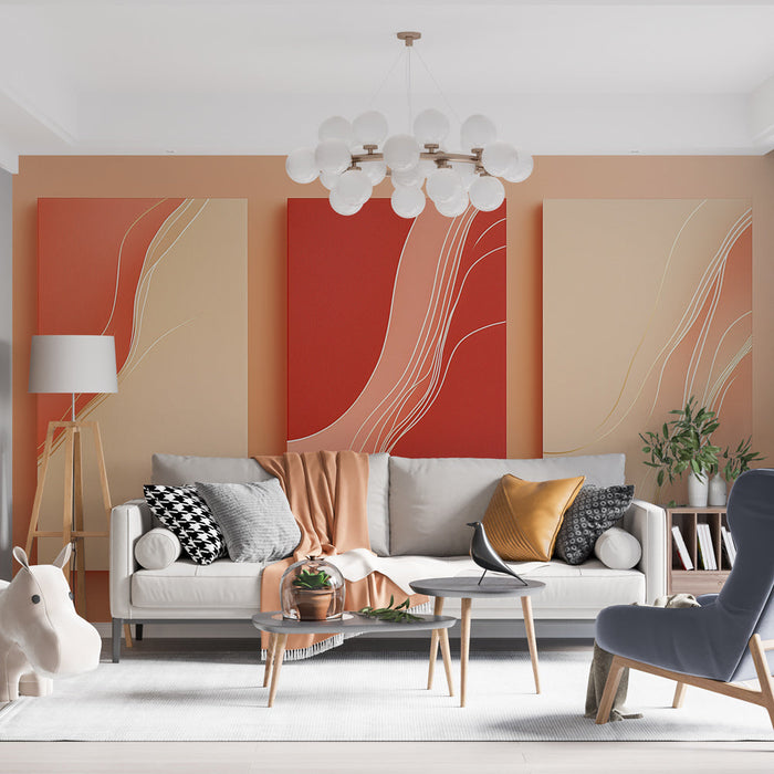 Tapetti moderni abstraktio | Nestemäiset kuviot punaisen ja beige sävyissä