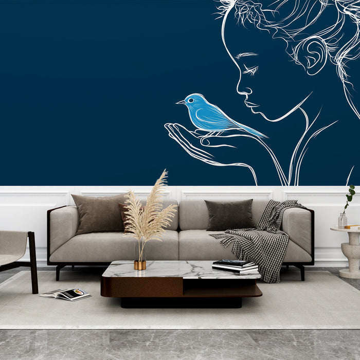 Carta da parati astratta uccello e silhouette | Una delicata silhouette che tiene in mano un uccello blu su uno sfondo blu scuro