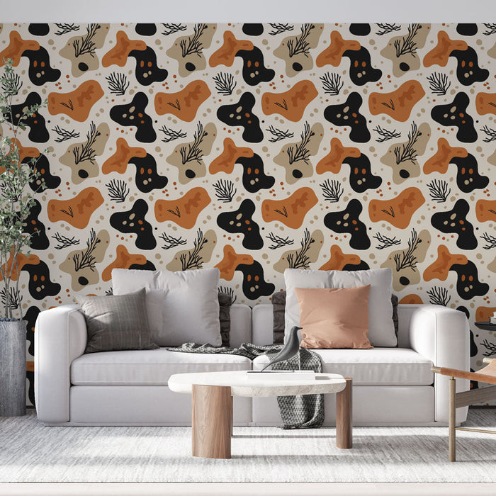 Abstrakt farverig fototapet | Organiske mønstre i varme og sorte toner på en lys baggrund