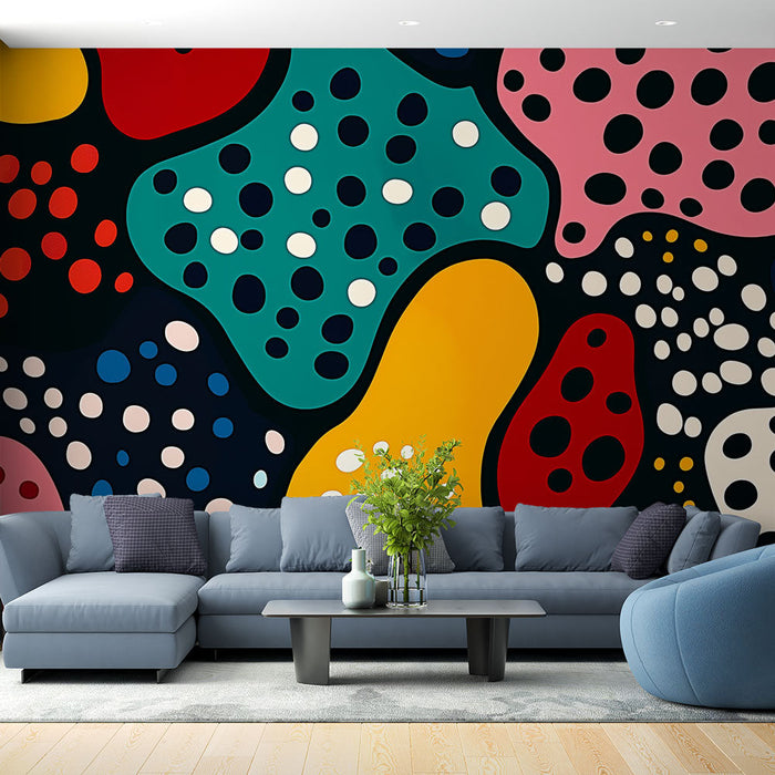 Colorful Mural Wallpaper | Organic patterns and colorful spots on a black background