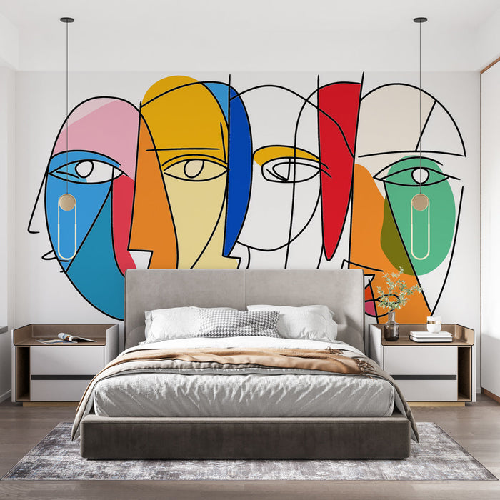 Colorful abstract Mural Wallpaper | Four faces on white background