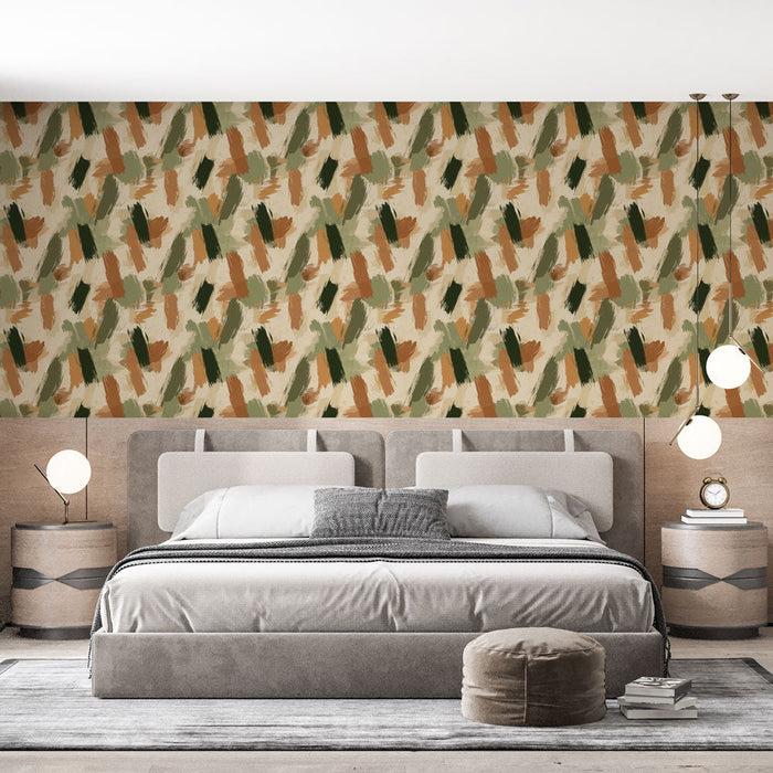 Mural Wallpaper abstract earth colors | Brushstroke patterns in greens and ochres