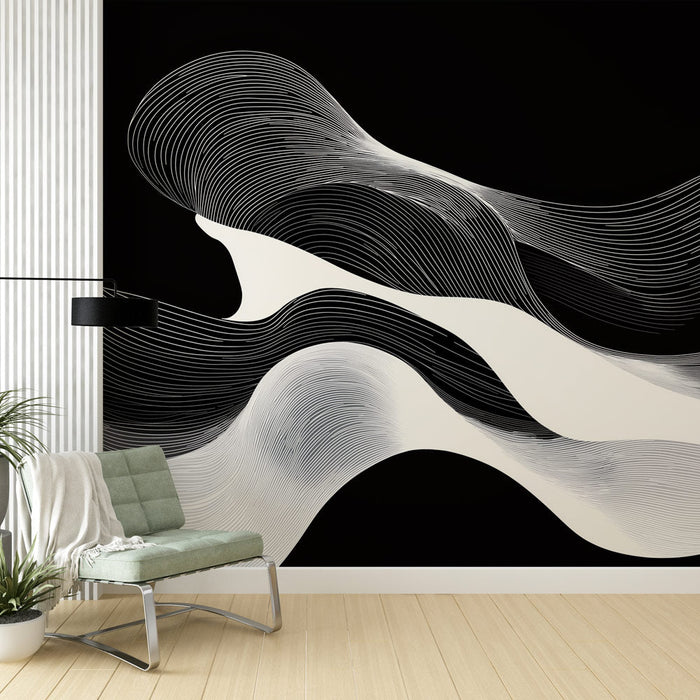 Papel de parede abstrato | Design ondulado em preto e branco