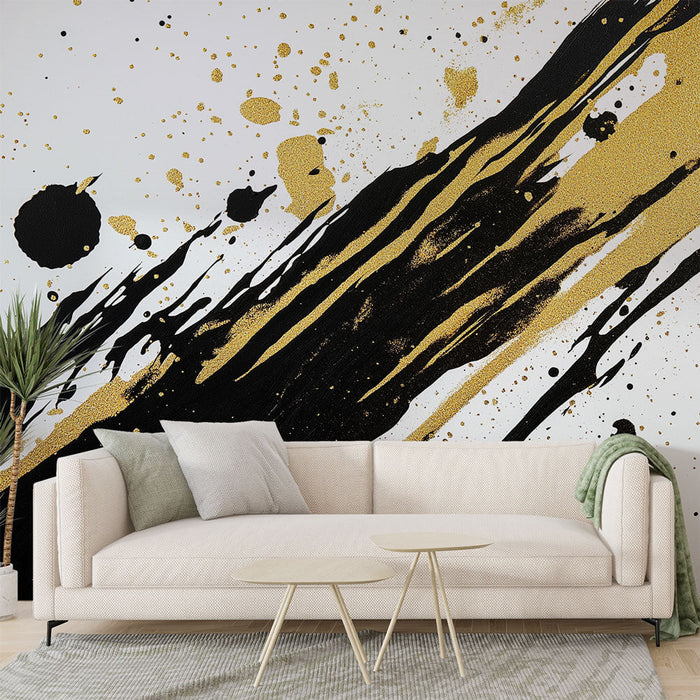 Golden and black abstract Mural Wallpaper | A striking splash paint design to create a modern atmosphere