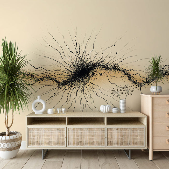 Carta da parati astratta | Schegge di nero e linee fluide su sfondo crema