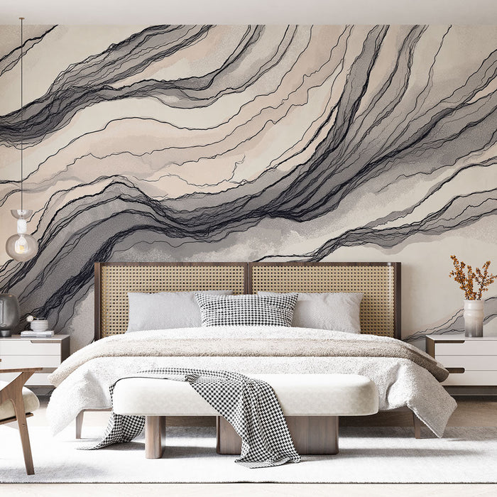 Foto Behang abstract in zwart en beige | Patroon van vloeiende en eigentijdse golven