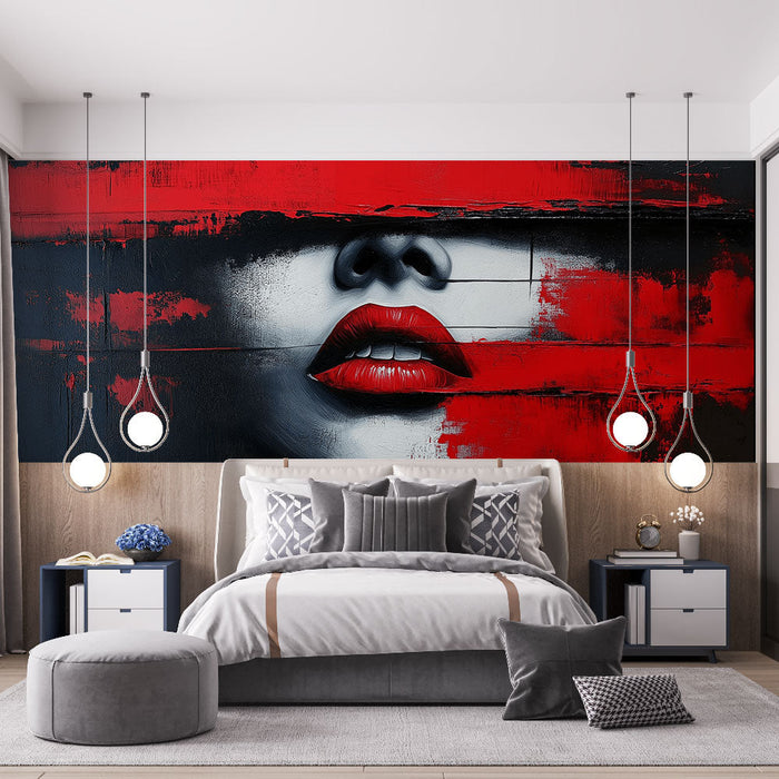 Mural Wallpaper abstract woman | Modern face with touches of red and black