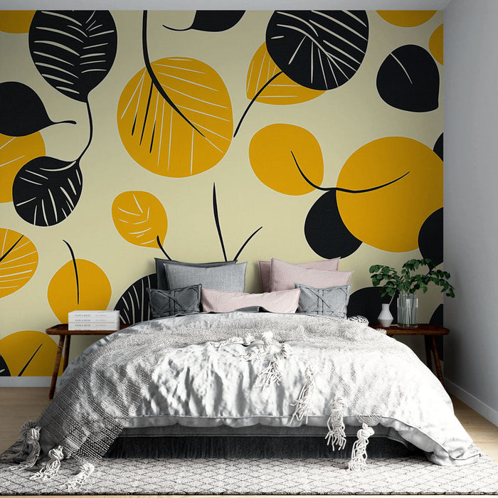 Mural Wallpaper abstract | Leaves and circles in black and yellow