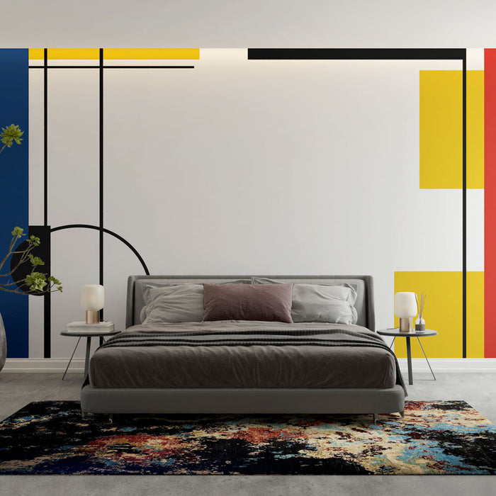 Geometric Abstract Mural Wallpaper | Colorful patterns in blue, red, and yellow on a white background