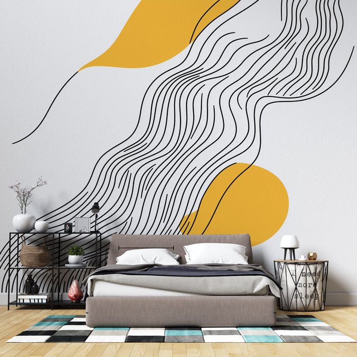 Mural Wallpaper Abstract | Fluid Lines and Yellow Circles