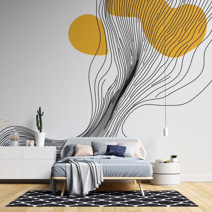 Mural Wallpaper Abstract | Fluid Lines and Golden Geometric Shapes