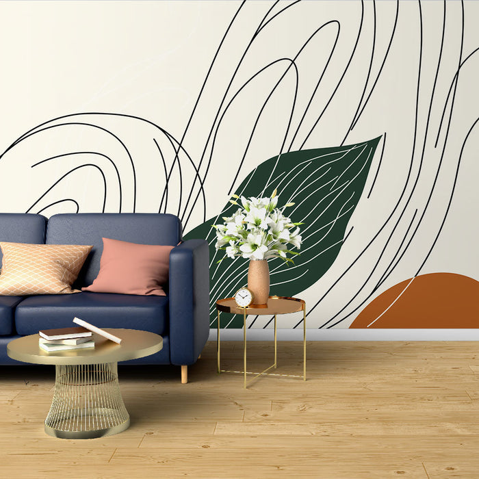 Mural Wallpaper abstract | Pattern of fluid lines and stylized leaves