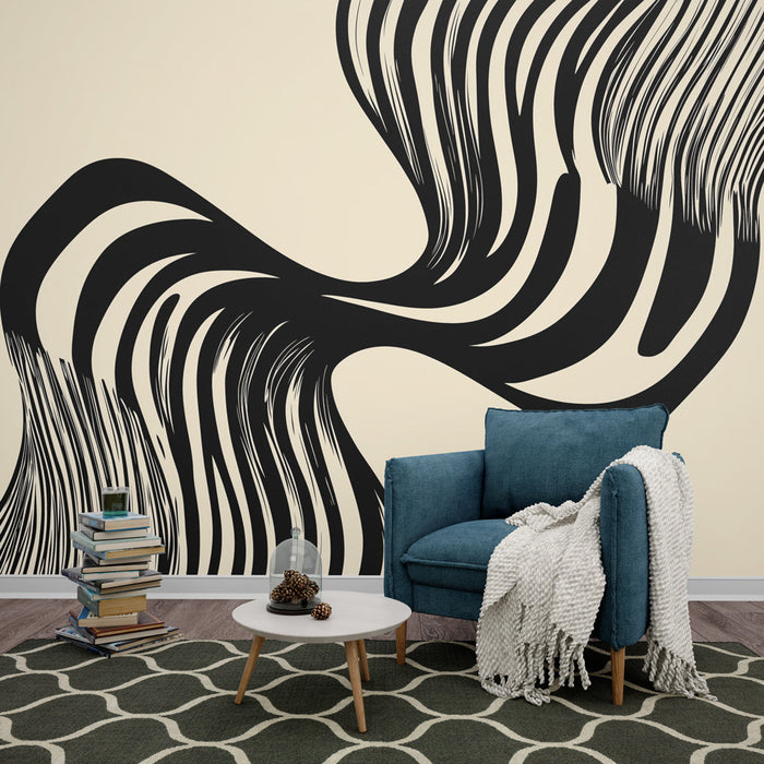 Mural Wallpaper Abstract | Wavy Pattern in Black on Cream Background