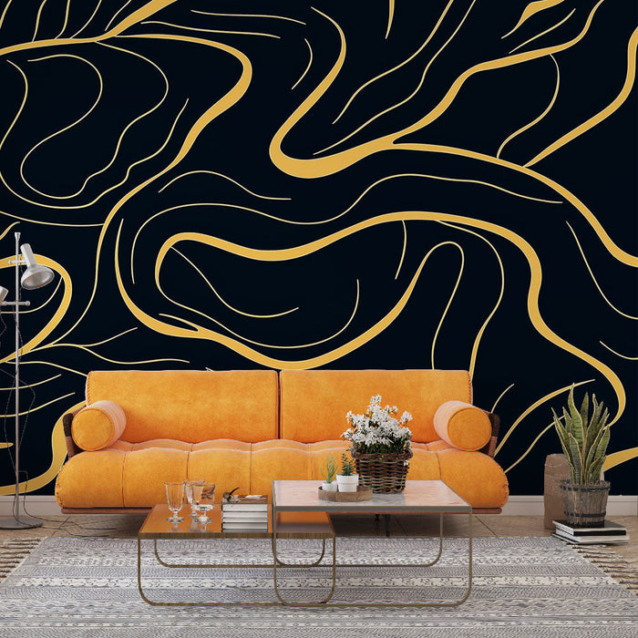 Falfestmény tapéta | Fekete és arany hullámos minta