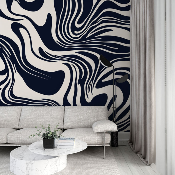 Mural Wallpaper abstract | Wavy pattern in navy blue and cream