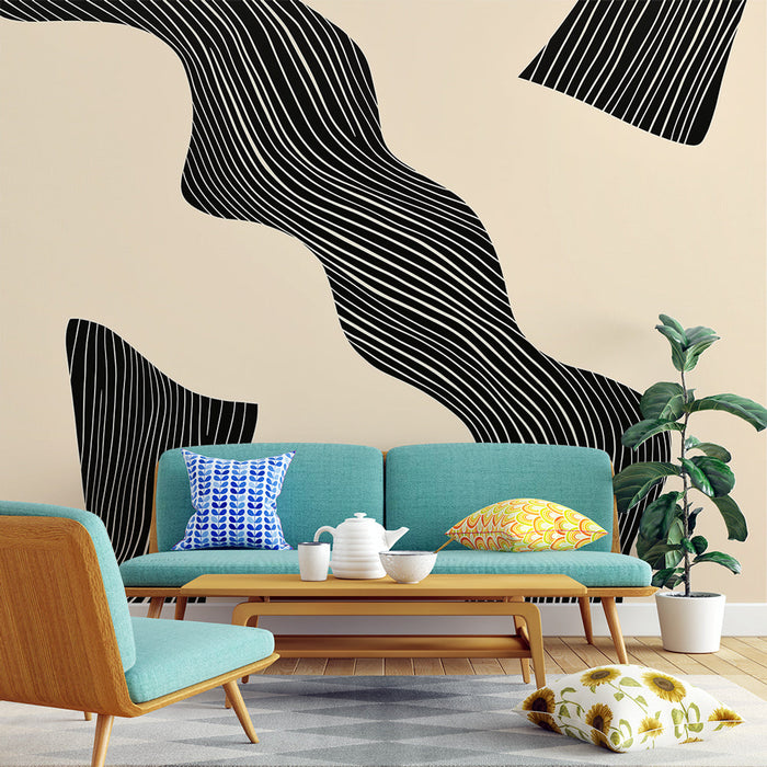 Falfestmény tapéta | Fekete hullámos minta bézs háttéren